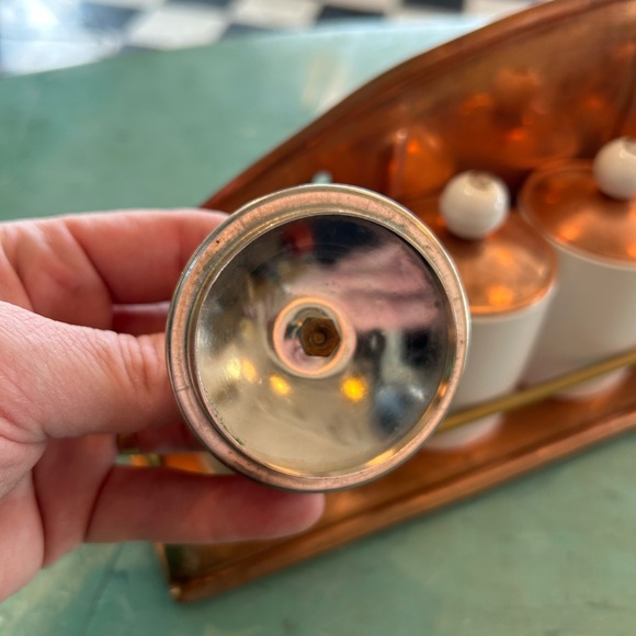 Vintage copper ceramic spice jar set wall mount shelf with rack mcm mid century - Picture 5 of 15